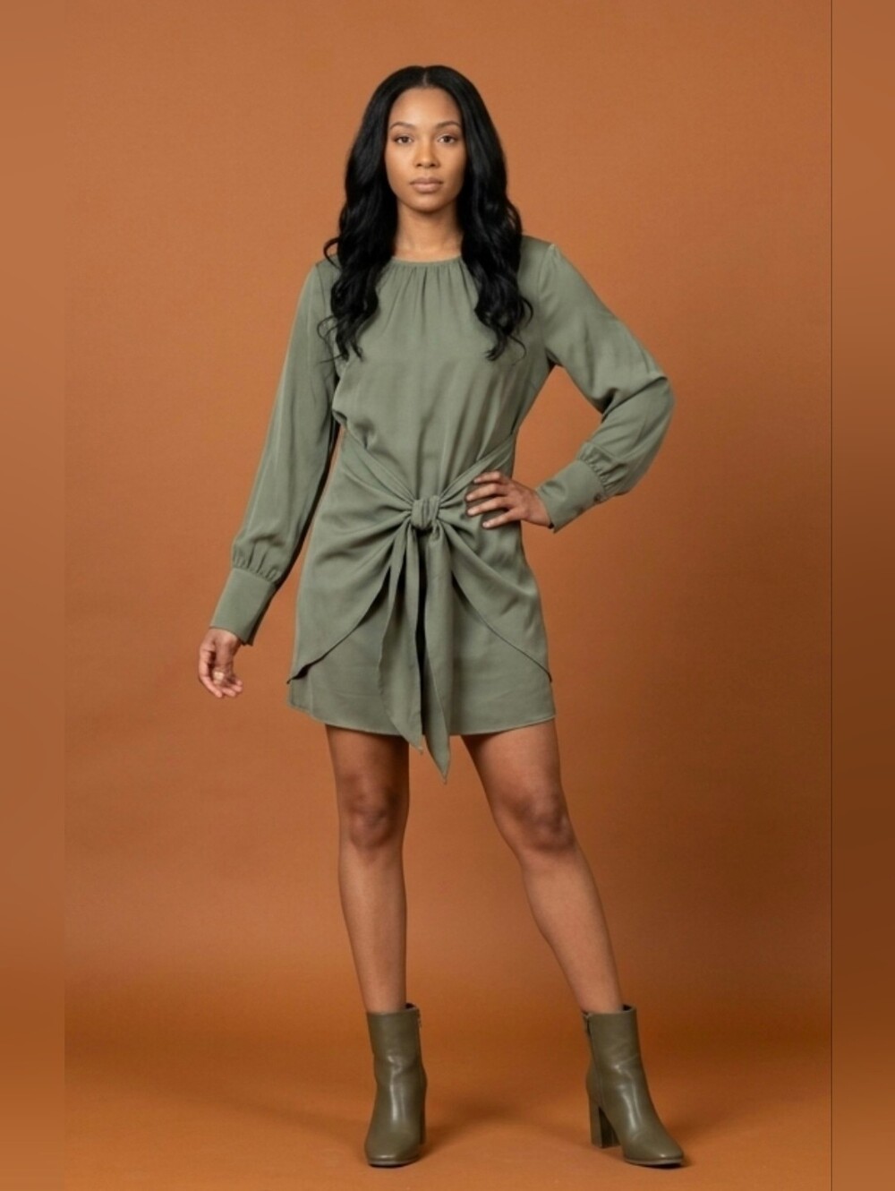 BTFBM Long Sleeve Olive Green Silky Satin Mini Dress - Size Medium - NWT